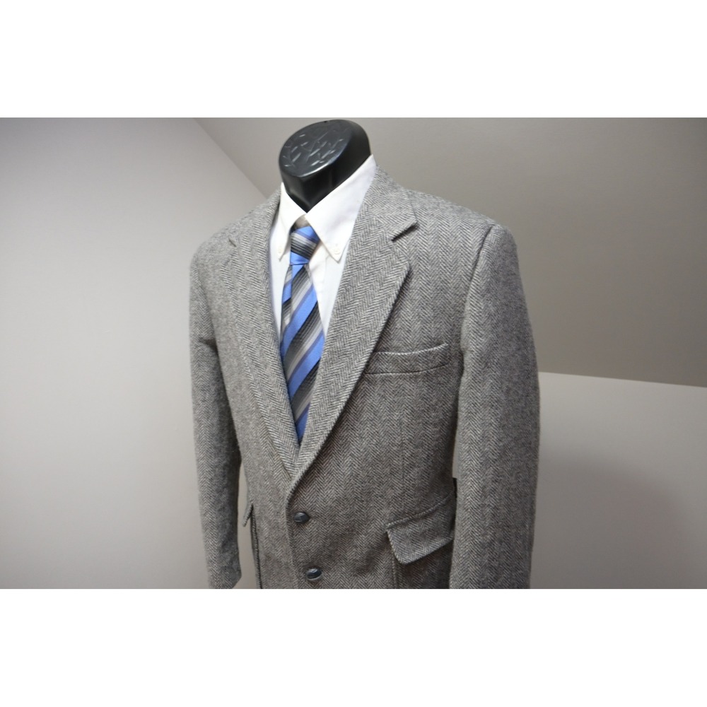 Haggar Tweed Blazer Men 42R Grey Herringbone Wool 2-Button Sport Coat Good